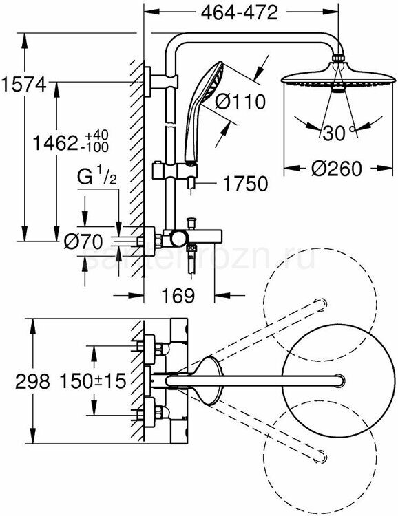 Euphoria 260 Душевая система для ванны, термостат, пов. излив, хром GROHE 27475002