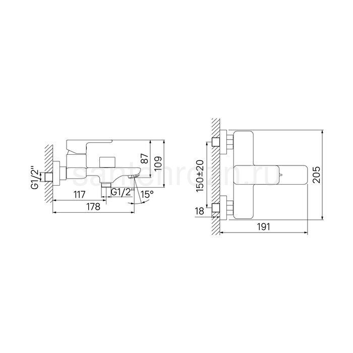 BRICK Смеситель для ванны, короткий излив BRISB02i02